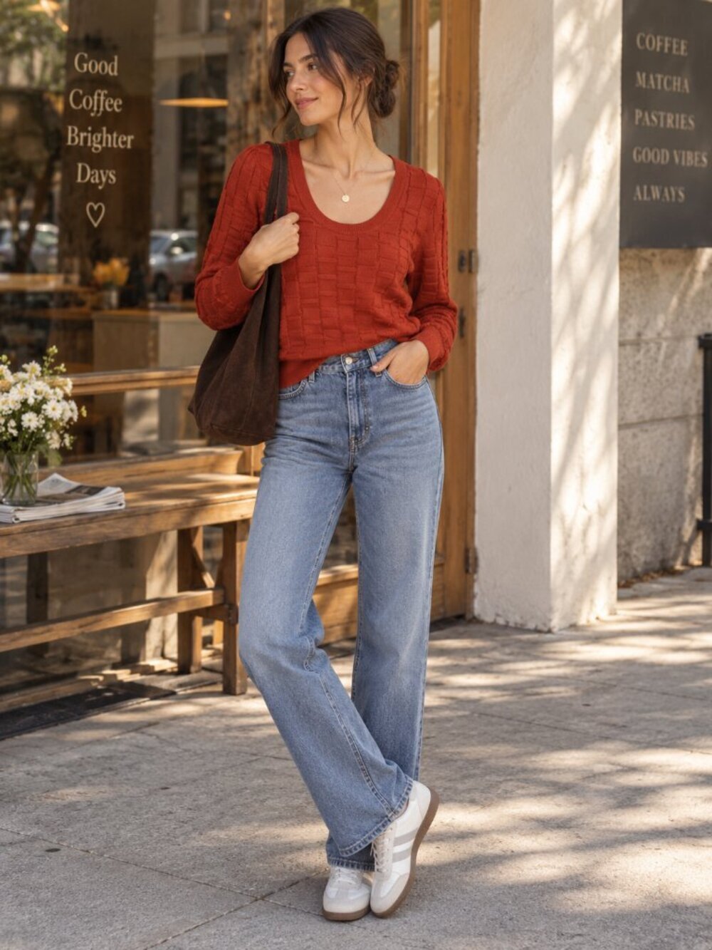 Joie Florente Autumn Rust 70% Wool Geometric Textured Scoop Neck Knit Sweater